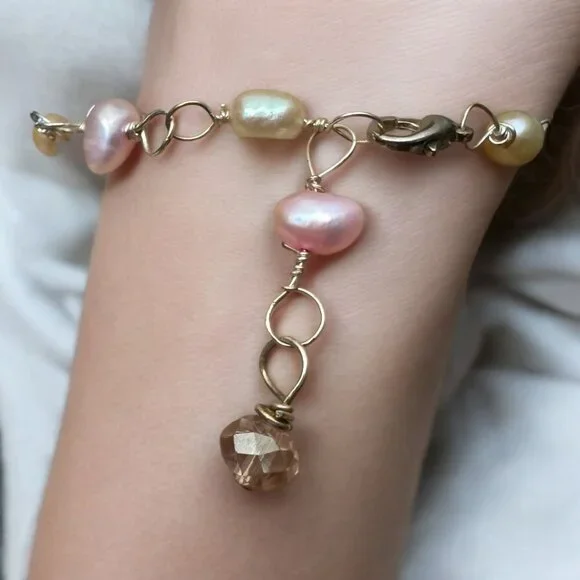Broken China Cabochon Bracelet Crafted Silver Blend Metalwork, Freshwater Pearls - Picture 11 of 13